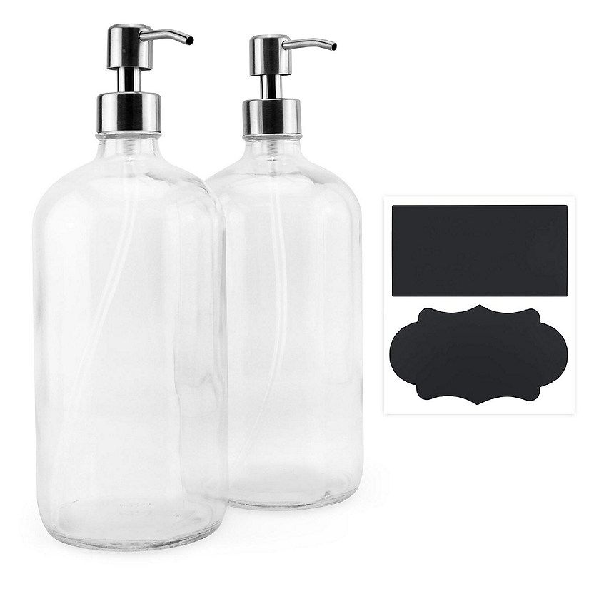 Cornucopia 32oz Clear Glass Pump Bottles (2-Pack); Quart Size Soap Dispensers w/Black Plastic Lotion Locking Pumps; Includes Chalk Labels Image