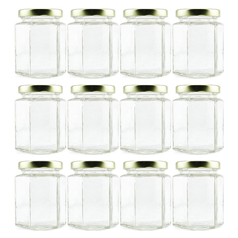 Cornucopia 6-Ounce Hexagon Glass Jars (12-Pack); Empty Hex Jars w/Gold Lids  for Party Favors, Jams, Samples & More