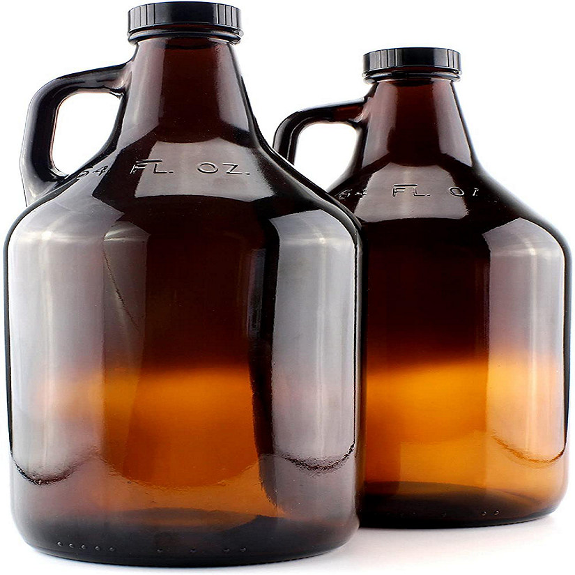 Cornucopia 64oz Amber Glass Growler Jugs /Half Gallon (2-Pack) w/Black Phenolic Lids, Great for Kombucha, Home Brew, Distilled Water, Cider & More Image