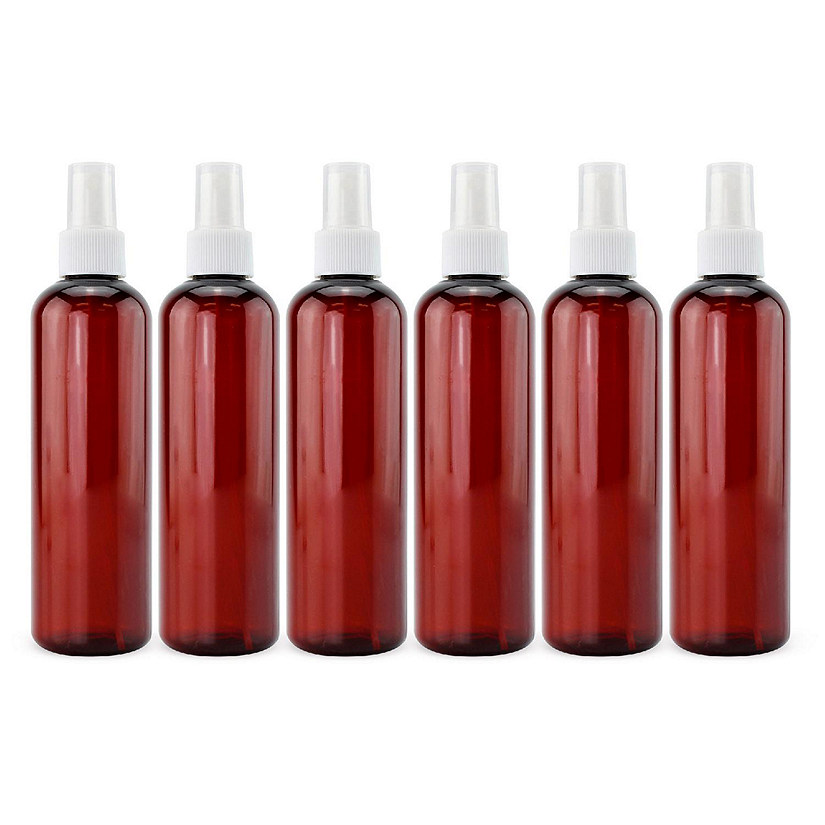 Cornucopia 8oz Amber Brown PLASTIC Spray Bottles with White Fine Mist Atomizers (6-Pack); Brown Plastic Spritzer Bottles Image