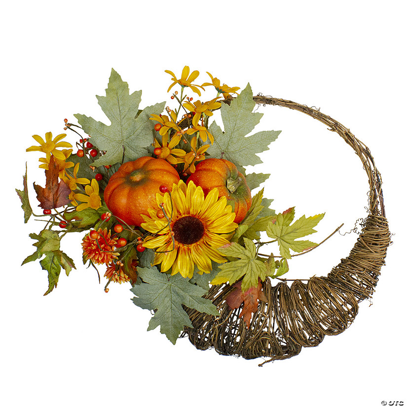 Cornucopia and Sunflower with Pumpkins Artificial Thanksgiving Wreath - 20-Inch  Unlit Image
