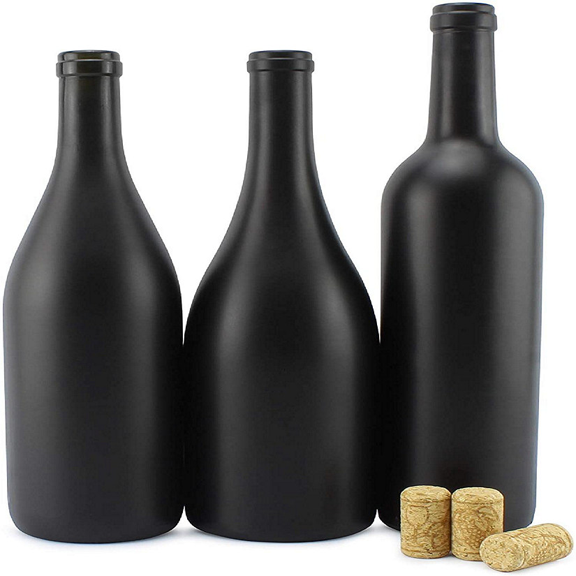 Cornucopia Black Wine Bottles w/Corks (Set of 3); Black Matte Coated Glass Wine Bottles Various Sizes for Decor and Homemade Wine Image