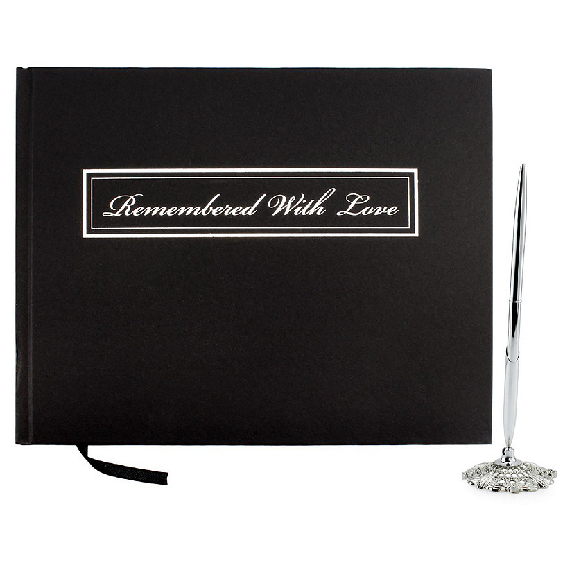 Cornucopia Funeral Guest Book and Pen with Stand Set, "Remembered with Love" Image