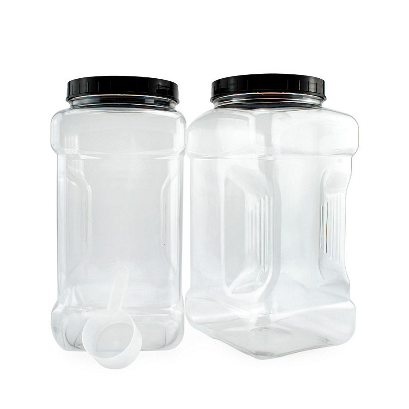 Cornucopia Square Gallon Size Clear Plastic Canisters (2-Pack); 4-Quart Jar Grip Containers w/ Plastic Scoops; BPA-Free Image