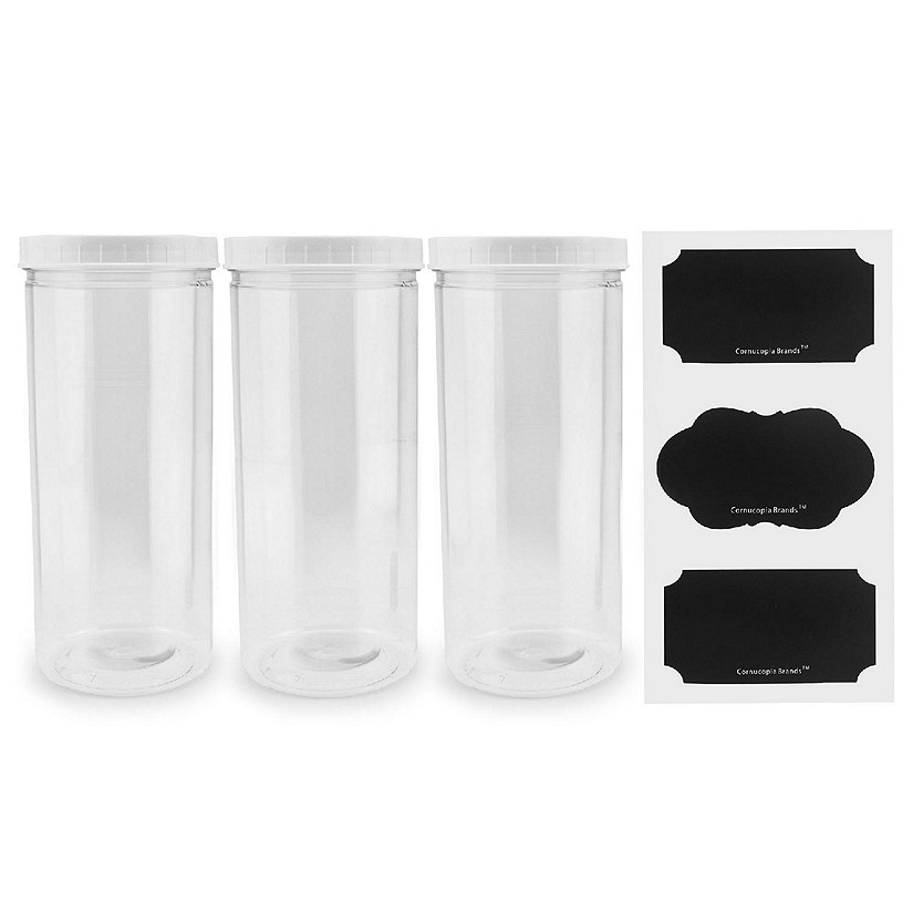 Cornucopia Tall Clear Plastic Canisters w Lids and Labels ( 3-Pack, 2.5 quart / 10 cup capacity); 10in High BPA-free PET 80oz Jars for Food & Home Storage Image