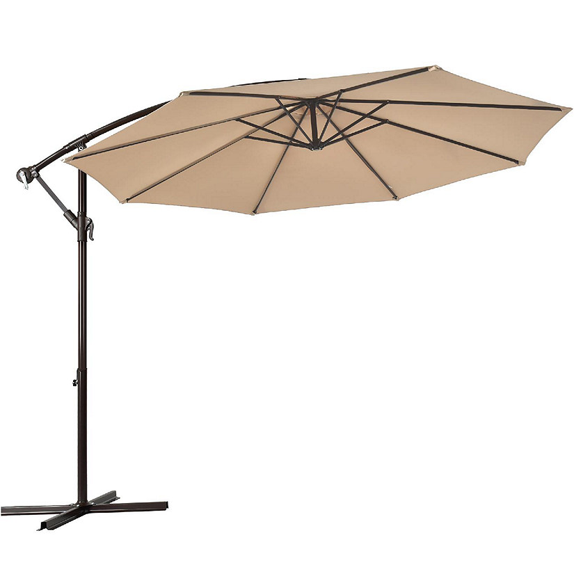 Costway 10' Hanging Umbrella Patio Sun Shade Offset Outdoor Market W/t Cross Base Beige Image