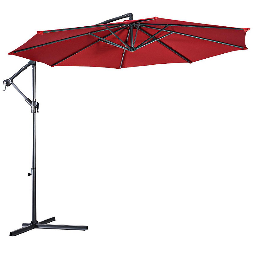 Costway 10' Hanging Umbrella Patio Sun Shade Offset Outdoor Market W/t Cross Base Burgundy Image