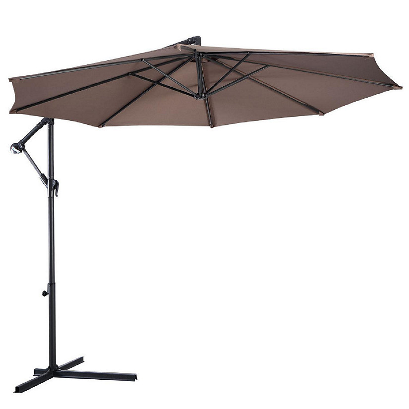 Costway 10' Hanging Umbrella Patio Sun Shade Offset Outdoor Market W/t Cross Base Tan Image