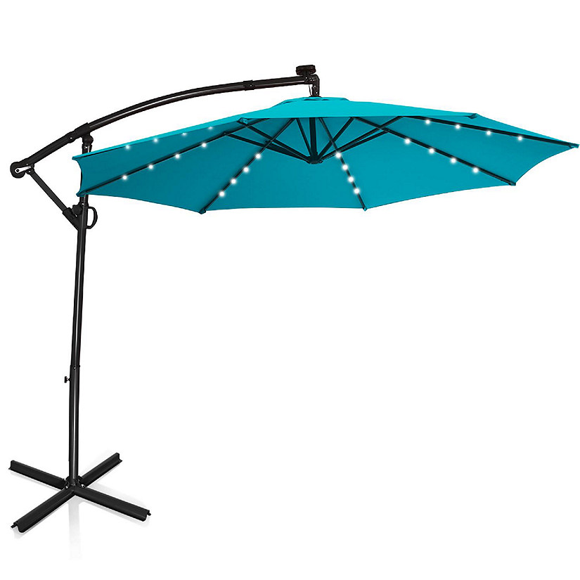Costway 10FT Outdoor Offset Umbrella Solar Powered LED 360Degree Rotation Aluminum Turquoise Image