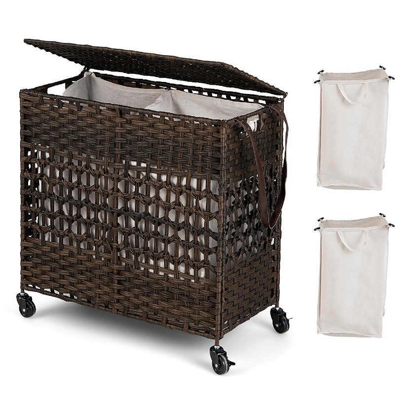 Costway 110L Laundry Hamper w/Wheels Clothes Basket w/Lid and Handle and 2 Liner Bags Image