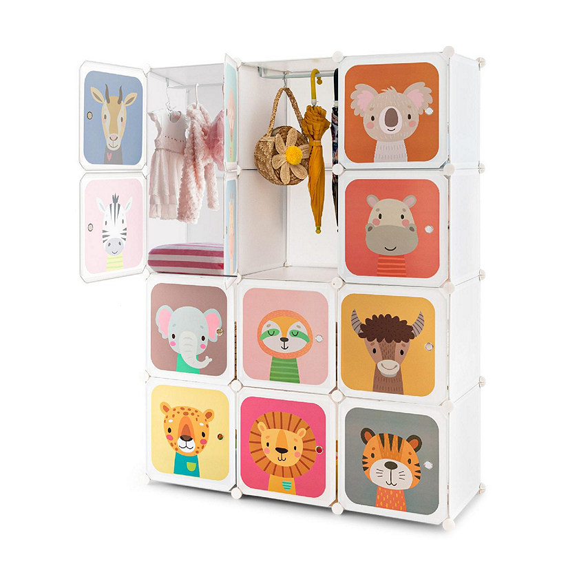 Costway 12-Cube Kids Wardrobe Baby Dresser Bedroom Armoire Clothes Hanging Closet with Door Image