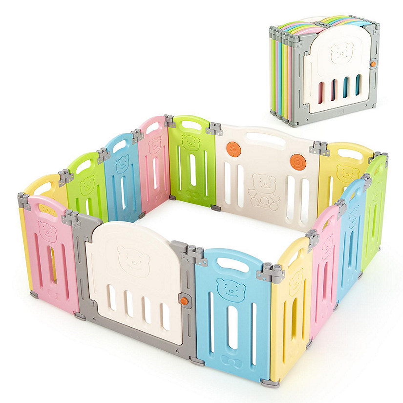 Costway 14 Panel Foldable Baby Playpen Kids Activity Center Safety Play Yard w/Lock Door colorful Image