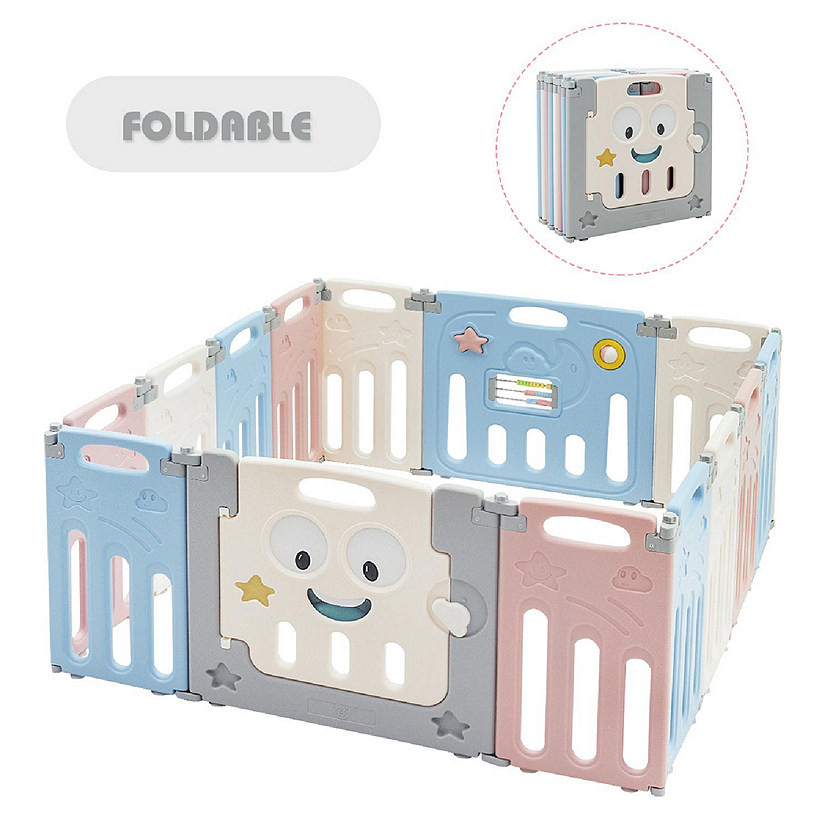 Costway 14-Panel Foldable Baby Playpen Kids Activity Centre Lock Door Rubber Bases Image