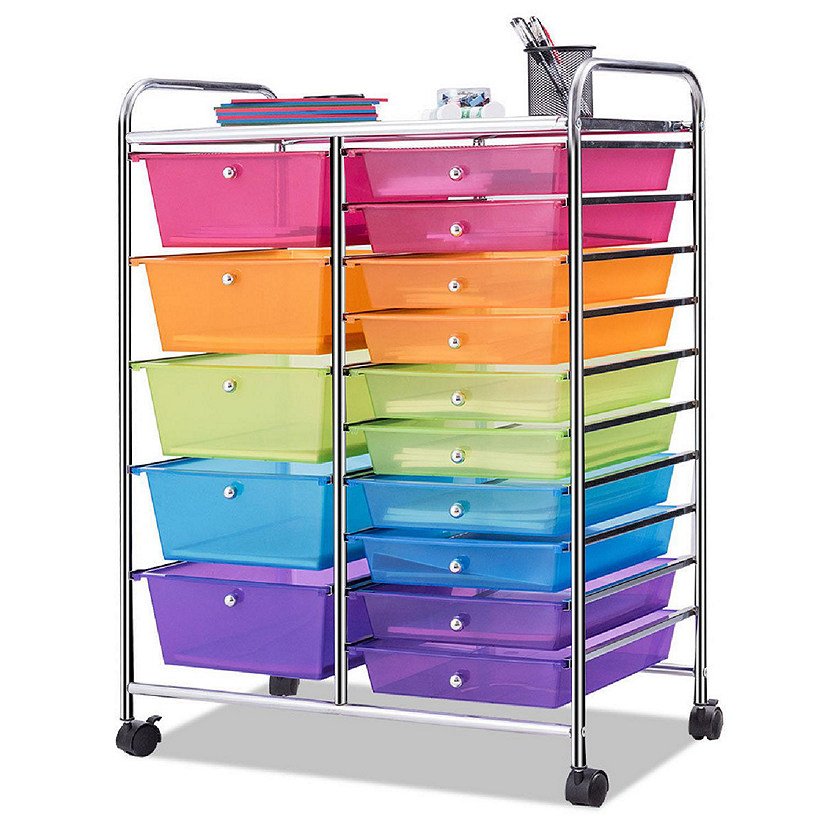 Costway 15 Drawer Rolling Storage Cart Tools Scrapbook Paper Office School Organizer Colorful Image