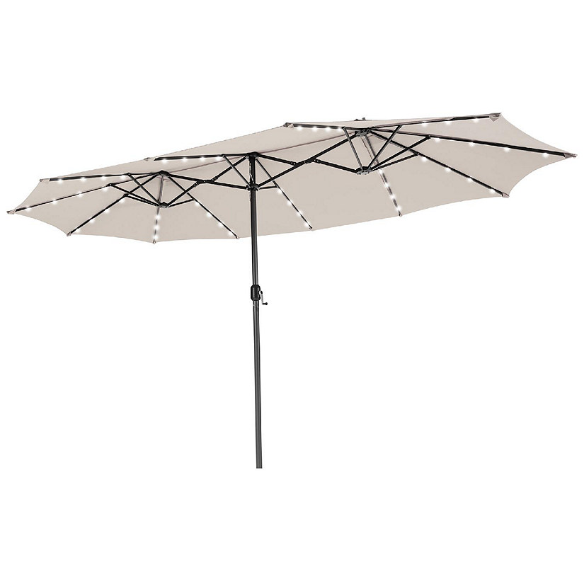Costway 15FT Twin Patio Double-Sided Umbrella 48 Solar LED Lights Crank Outdoor Beige Image