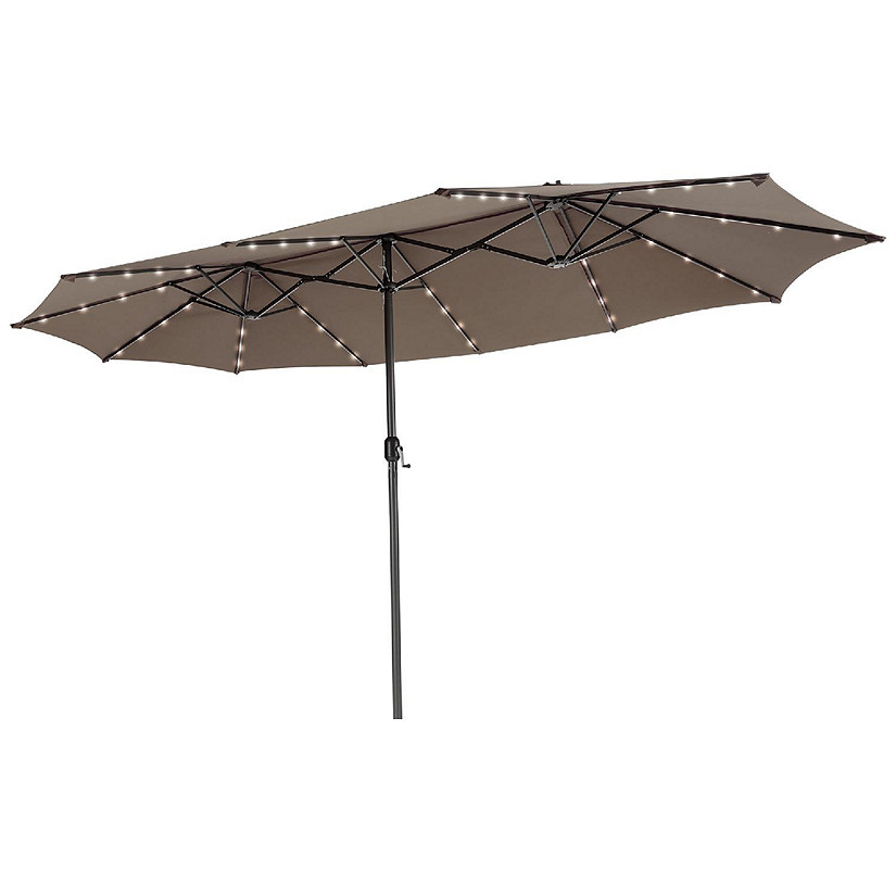 Costway 15FT Twin Patio Double-Sided Umbrella 48 Solar LED Lights Crank Outdoor Coffee Image