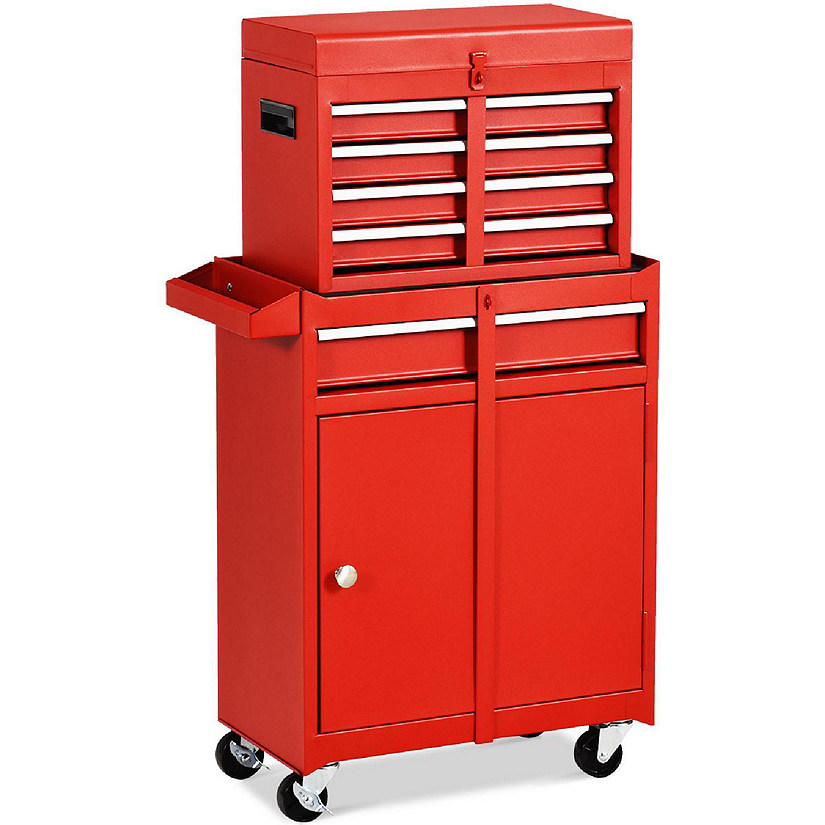 Costway 2 in 1 Tool Chest & Cabinet with 5 Sliding Drawers Rolling Garage Organizer Red Image
