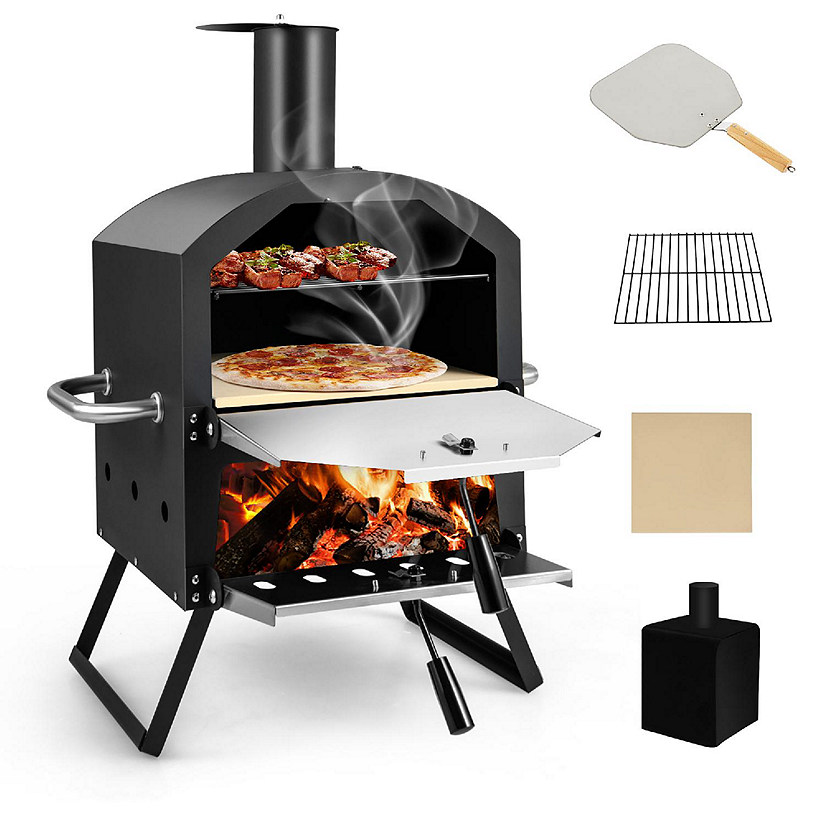 Costway 2-Layer Pizza Oven Wood Fired Pizza Grill Outside Pizza Maker with Waterproof Cover Image