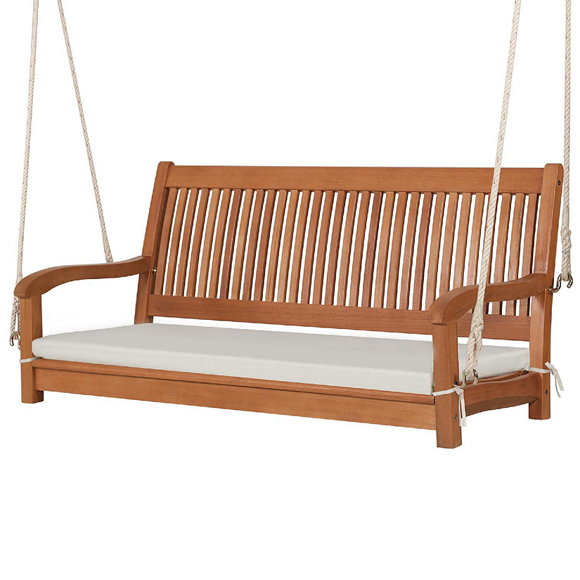 Costway 2-Person Hanging Porch Swing Wood Bench with Cushion Curved Back Outdoor Natural Image