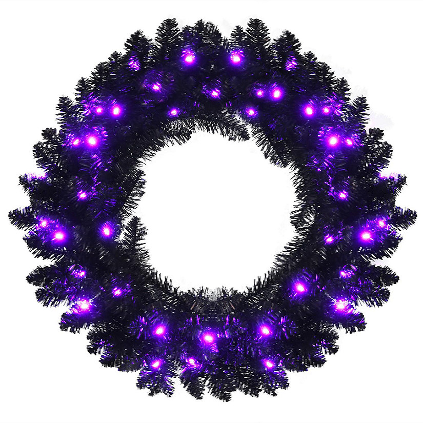 Costway 24inch Pre-lit Halloween Wreath Black w/ 35 Purple LED Lights Image