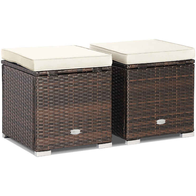 Costway 2PC&#160;Patio&#160;Rattan&#160;Ottoman&#160;Seat&#160;Side&#160;Table&#160;Storage&#160;Box&#160;Footrest&#160;Off&#160;White Image