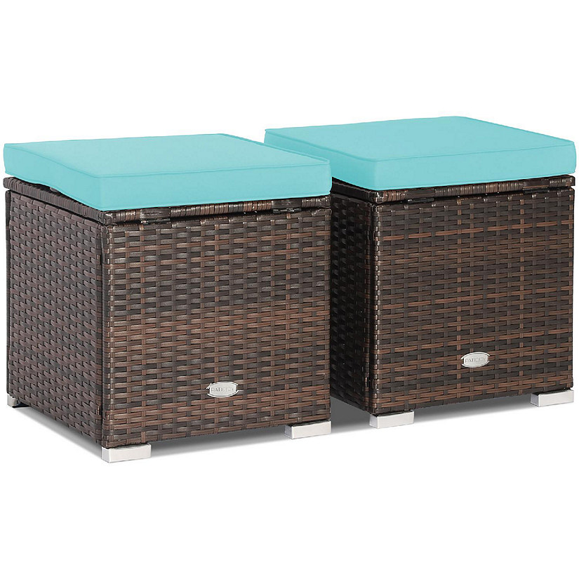 Costway 2PCS Patio Rattan Ottomans Seat Side Table Storage Box Footstool Turquoise Image