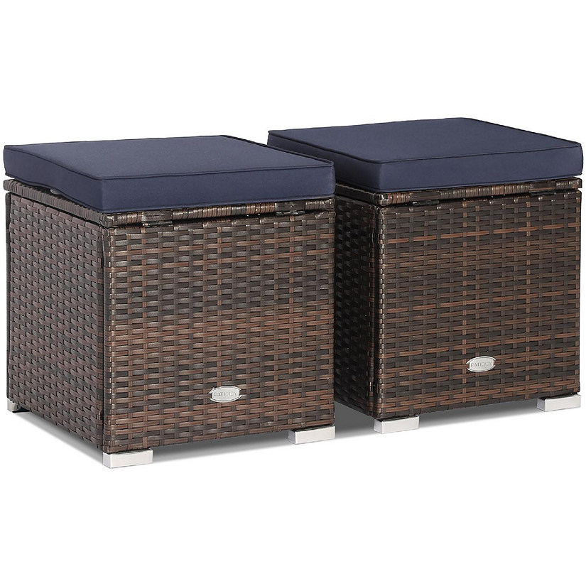 Costway 2PCS Patio Rattan Ottomans Seat Side Table Storage Box Footstool W/Cushions Navy Image