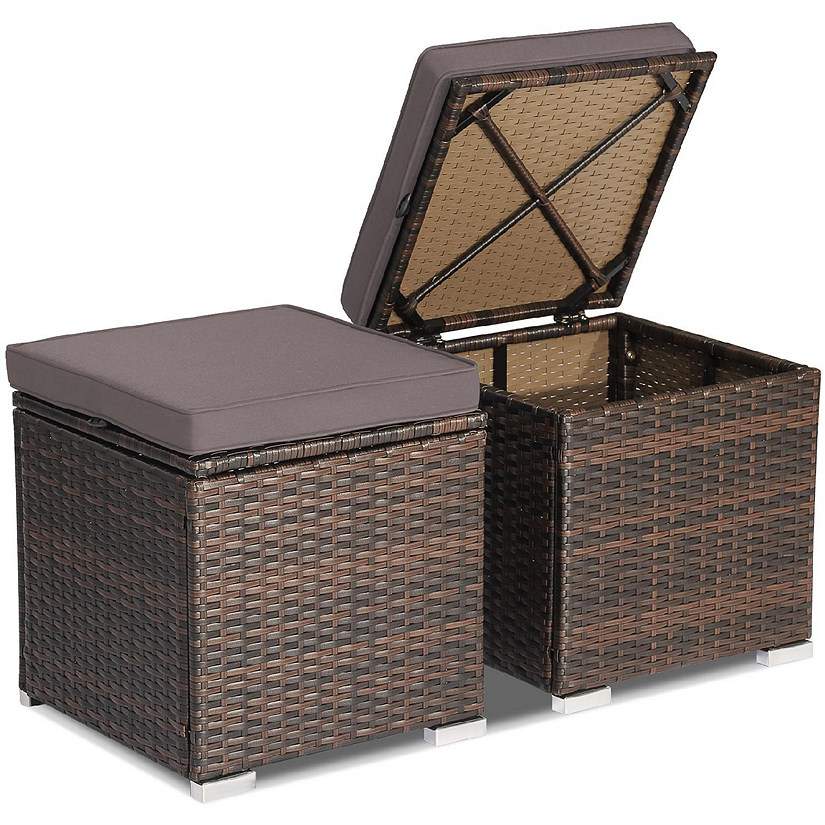 Costway 2PCS Patio Rattan Ottomans Seat Side Table Storage Box Footstool with Cushions Grey Image