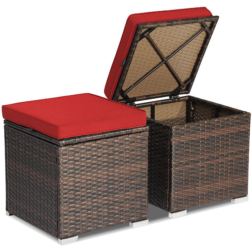 Costway 2PCS Patio Rattan Ottomans Seat Side Table Storage Box Footstool with Cushions Red Image