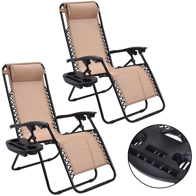 Costway 2PCS Zero Gravity Chairs Lounge Patio Folding Recliner Beige W/Cup Holder Image