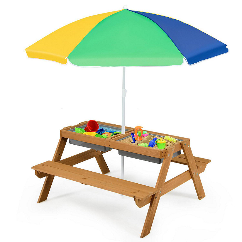 Costway 3-in-1 Kids Picnic Table Wooden Outdoor Sand & Water Table w/Umbrella Play Box es Image