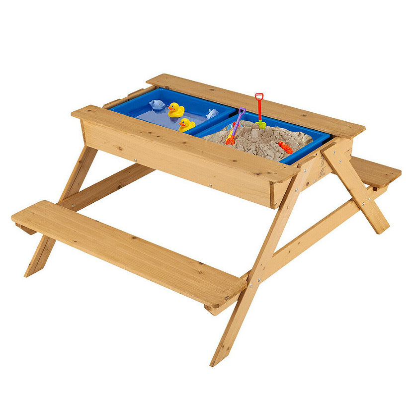 Costway 3 in 1 Kids Picnic Table Wooden Outdoor Water Sand Table w/ Play Boxes Image