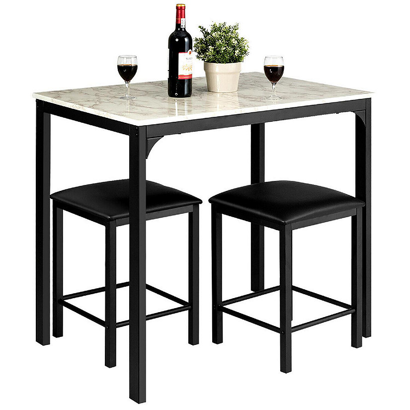 Costway 3 Piece Counter Height Dining Set Faux Marble Table and 2 Chairs Kitchen Bar Image