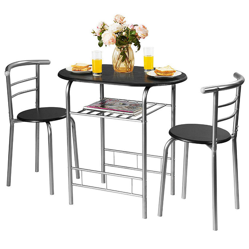 Costway 3 Piece Dining Set Table 2 Chairs Bistro Pub Home Kitchen Breakfast Furniture Black with Sliver Leg Image