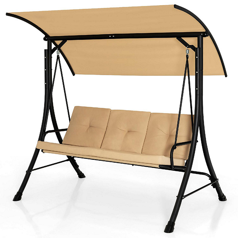 Costway 3-Seat Outdoor Porch Swing Adjustable Canopy Padded Cushions Steel Frame Beige Image