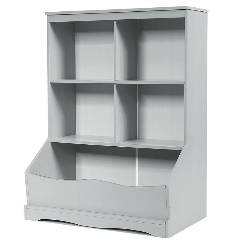 Costway 3-Tier Children's Multi-Functional Bookcase Toy Storage Bin Floor Cabinet Grey Image