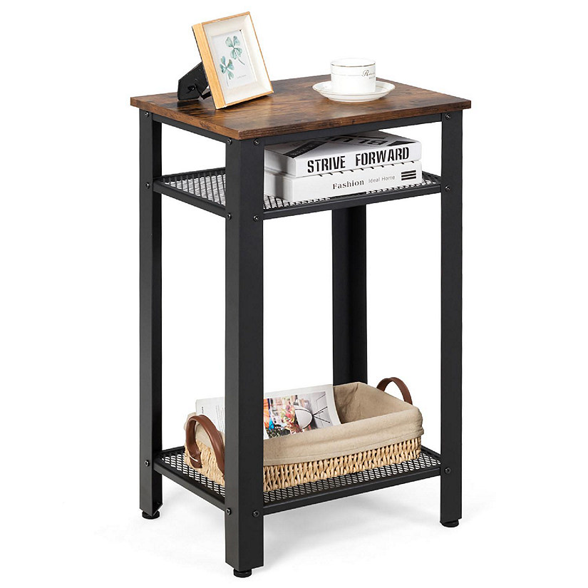 Costway 3-Tier Industrial Tall Nightstand Side End Telephone Table w/ Mesh Shelves Image