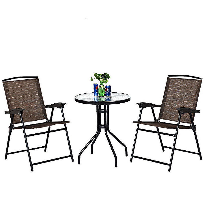 Costway 3PC Bistro Patio Garden Furniture Set 2 Folding Chairs Glass Table Top Steel Image