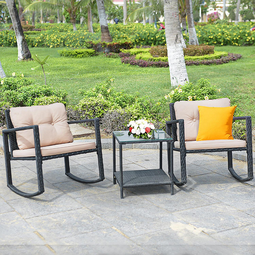 Costway 3PC Patio Rattan Conversation Set Rocking Chair Cushioned Sofa Outdoor Furniture Image