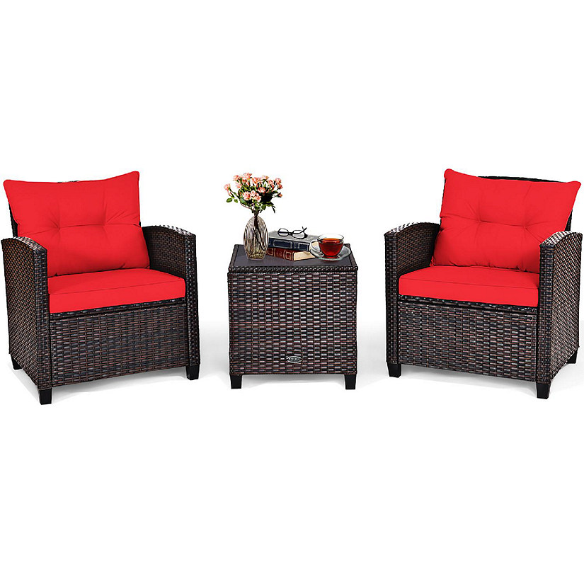 Costway 3PCS Patio Rattan Furniture Set Cushioned Conversation Set Sofa Coffee Table Red Image