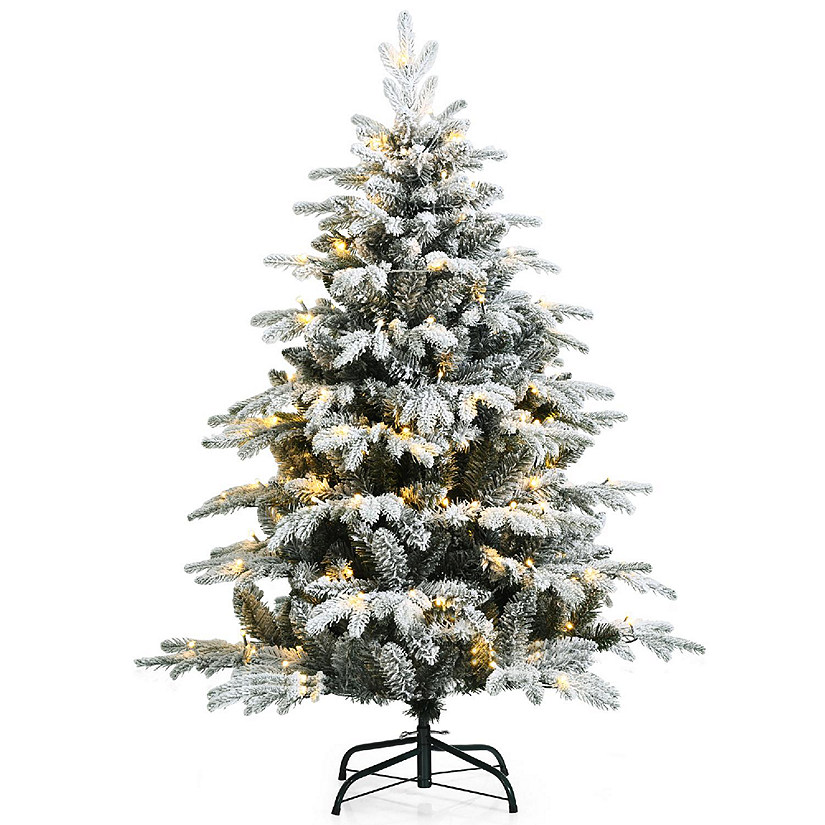 Costway 4.5 FT Pre-Lit Flocked Christmas Tree Hinged w/ 120 LED Lights & 757 Branch Tips Image