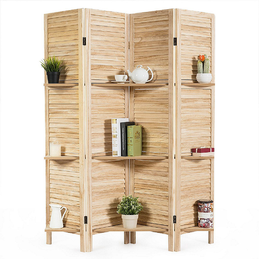 Costway 4 Panel Folding Room Divider Screen W/3 Display Shelves 5.6 Ft Tall Natural Image