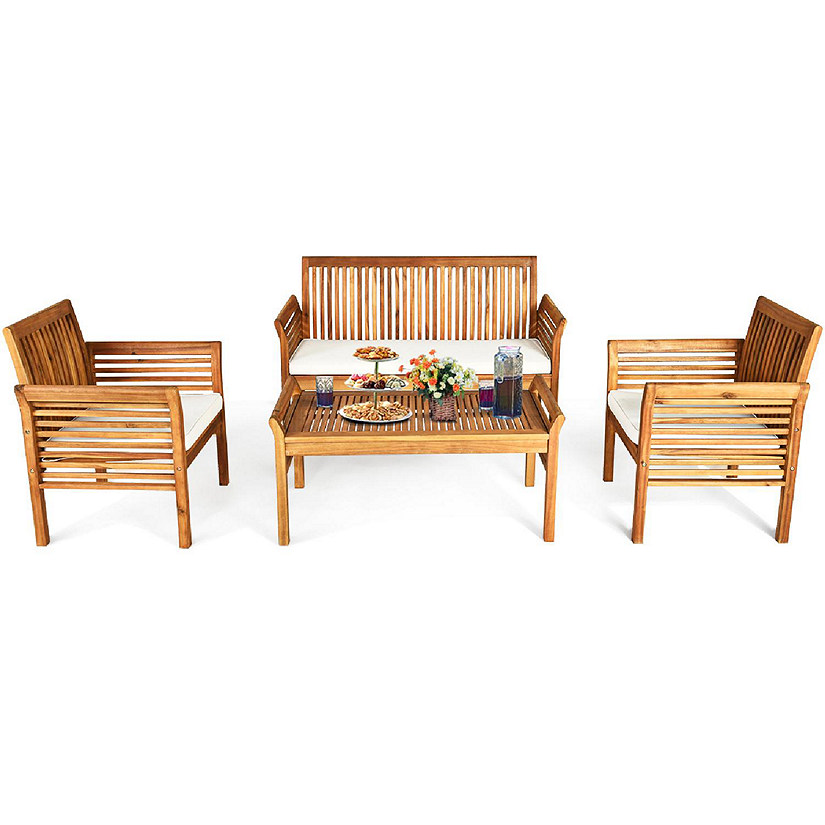 Costway 4 PCS Outdoor Acacia Wood Sofa Furniture Set Cushioned Chair Coffee Table Garden Image