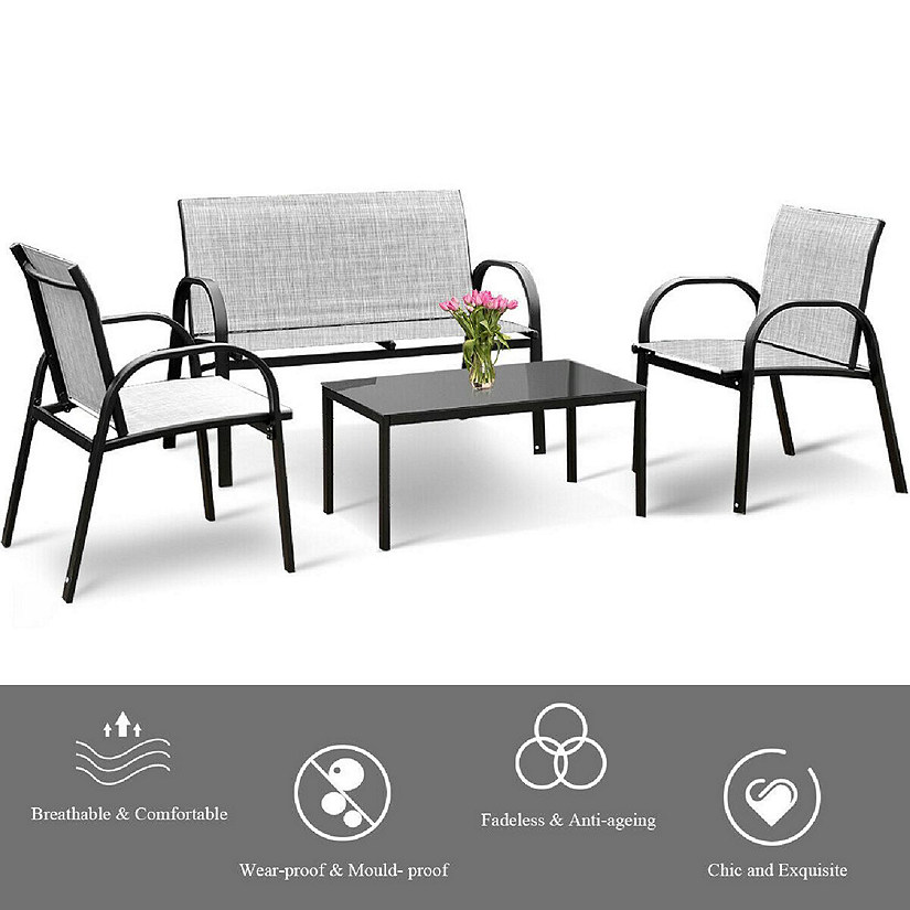 Costway 4 PCS Patio Furniture Set Sofa Coffee Table Steel Frame Garden Deck Gray Image