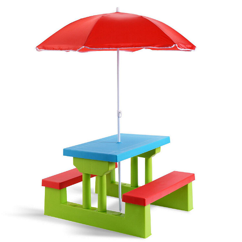 Costway 4 Seat Kids Picnic Table w/Umbrella Garden Yard Folding Children Bench Outdoor Image