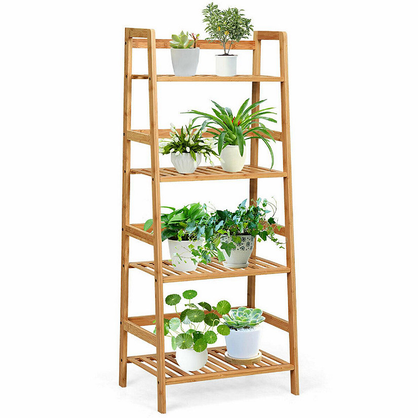 Costway 4-Tier Bamboo Ladder Shelf Multipurpose Plant Display Stand Storage Bookshelf Image