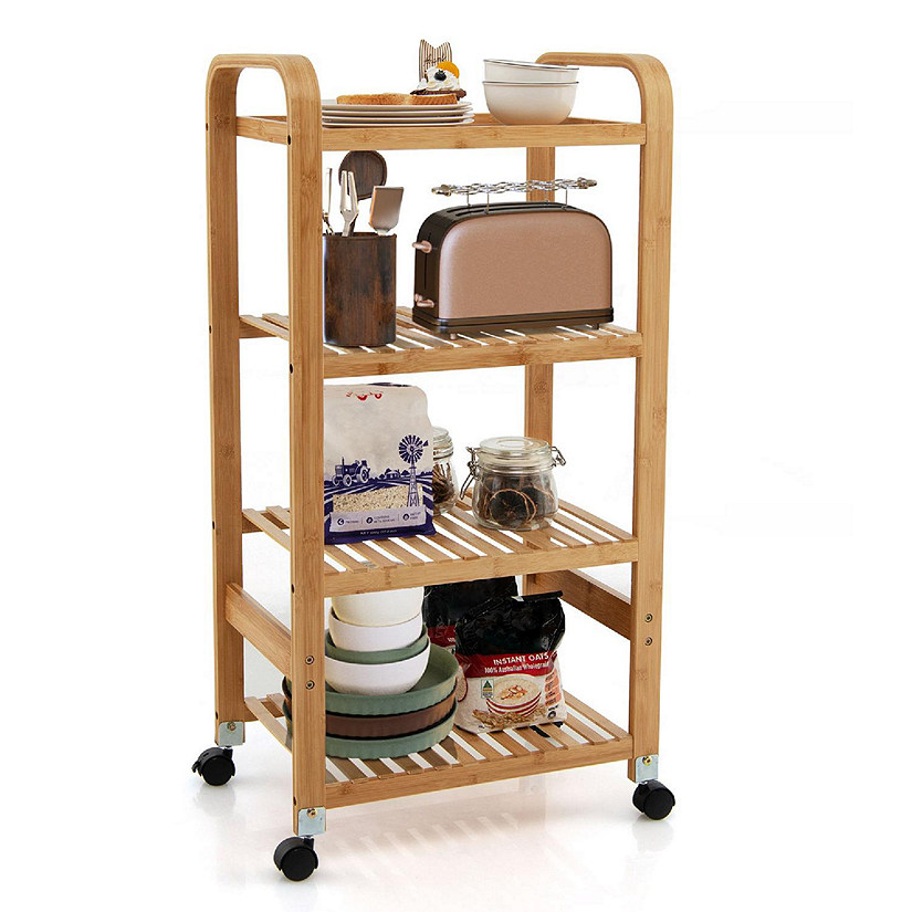 Costway 4-Tier Kitchen Serving Trolley Cart Mobile Bamboo Storage Shelf Lockable Casters Image
