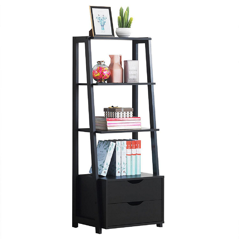 Costway 4-Tier Ladder Shelf Bookshelf Bookcase Storage Display Leaning With 2 Drawers Image