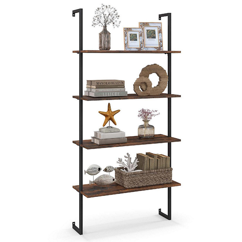 Costway 4-Tier Ladder Shelf Bookshelf Industrial Wall Shelf w/Metal Frame Rustic Brown Image