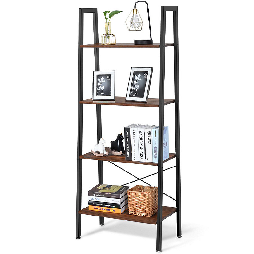 Costway 4-Tier Wood Ladder Shelf Ladder Bookcase Bookshelf Display Rack Black Image